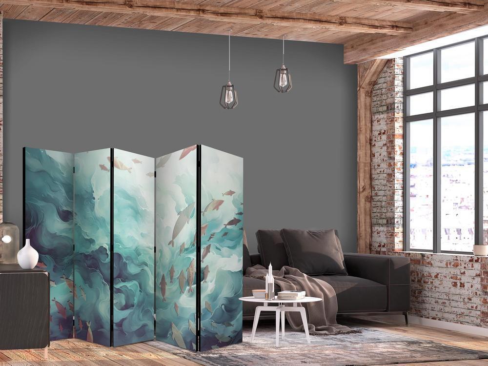 Room Divider - Three Schools of Fish - Fish in Muted Colors Swimming in Groups in Oceanic Depths- A 5 Panel Folding Screen For Living rooms, bedrooms or home office, decorative folding screen made with wood and canvas