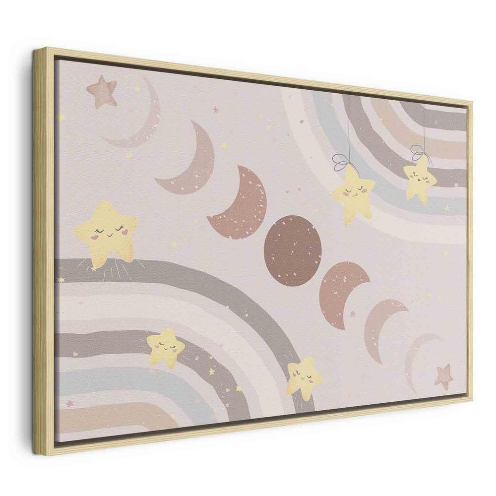 Canvas Print - Joyful Sky - Yellow Cheerful Stars with a Rainbow Against the Phases of the Moon in a Light Beige Sky Hue