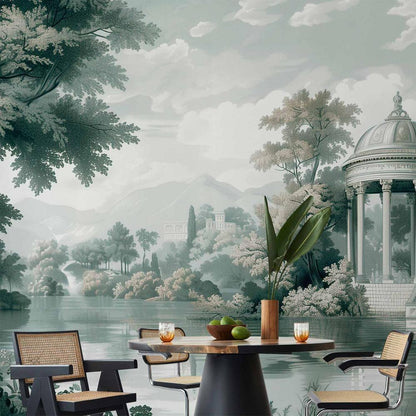 Wall Mural - View of the Park and Lake Retro Vintage Landscape in Greens