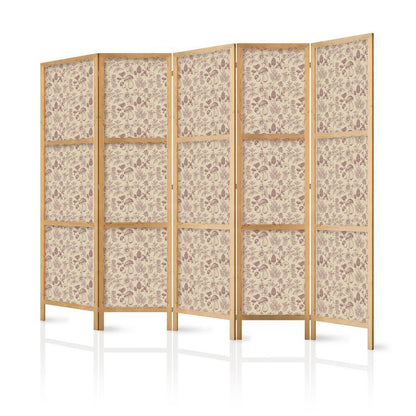 Japanese Room Divider - Beige Nature of the Forest - Mushrooms Flowers and Herbs on a Light Background