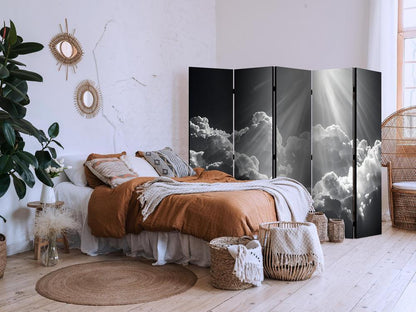 Room Divider - Hope in the Clouds: Inspiring Rays of the Sun – Awaken Emotions- A 5 Panel Folding Screen For Living rooms, bedrooms or home office, decorative folding screen made with wood and canvas