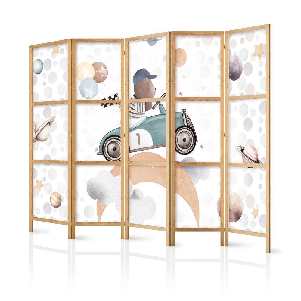 Japanese Room Divider - Galactic Races - Bear participating in car races among planets - clouds - and stars in pastel colors