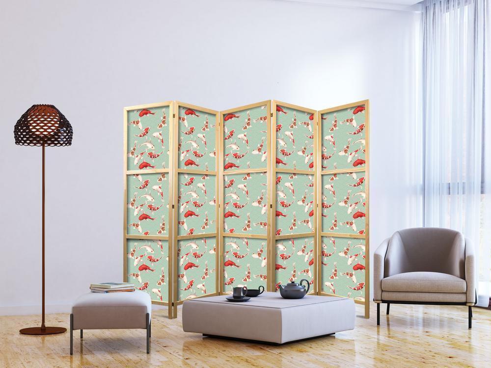 Japanese Room Divider - Fish and Japanese Pattern - Koi Fish in Orange-Cream Colors on a Green-Mint Background with an Oriental Pattern