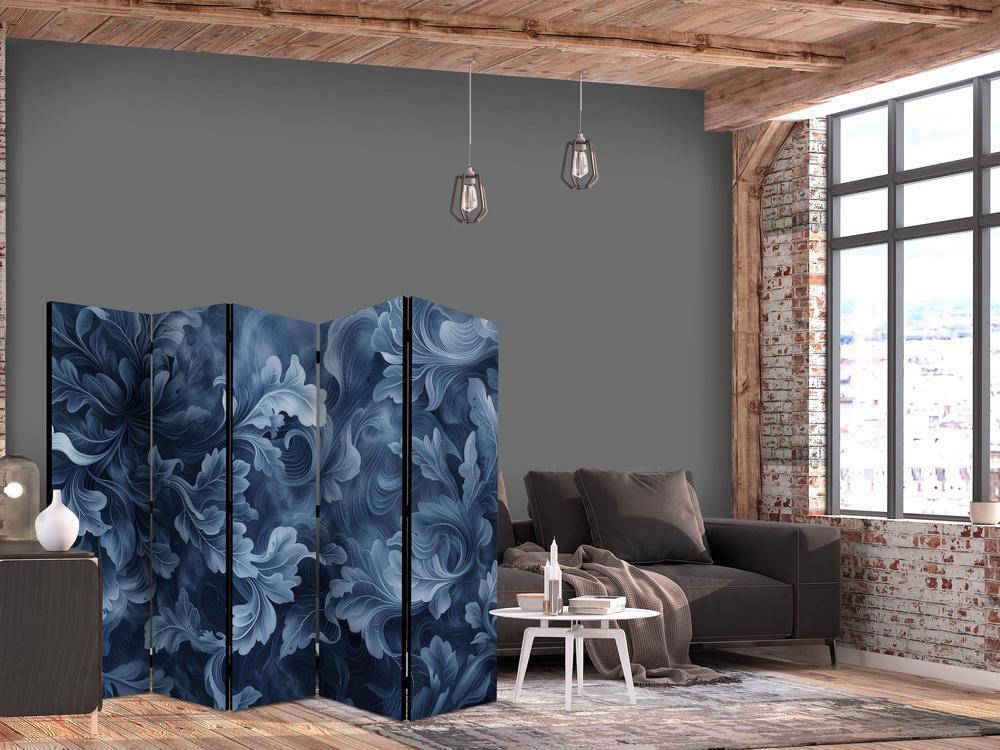 Room Divider - Abstract Ornaments - Dark Blue Victorian Leaves- A 5 Panel Folding Screen For Living rooms, bedrooms or home office, decorative folding screen made with wood and canvas