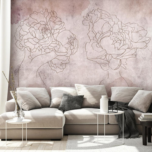 Wall Mural - Floristic abstraction - lineart style silhouettes of people with flowers-Wall Murals-ArtfulPrivacy