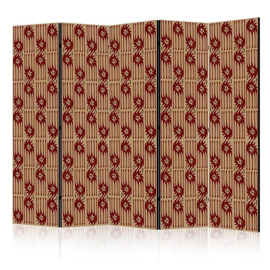 Room Divider - Predatory Features - Red Abstract Shapes Inspired by Tribal- A 5 Panel Folding Screen For Living rooms, bedrooms or home office, decorative folding screen made with wood and canvas