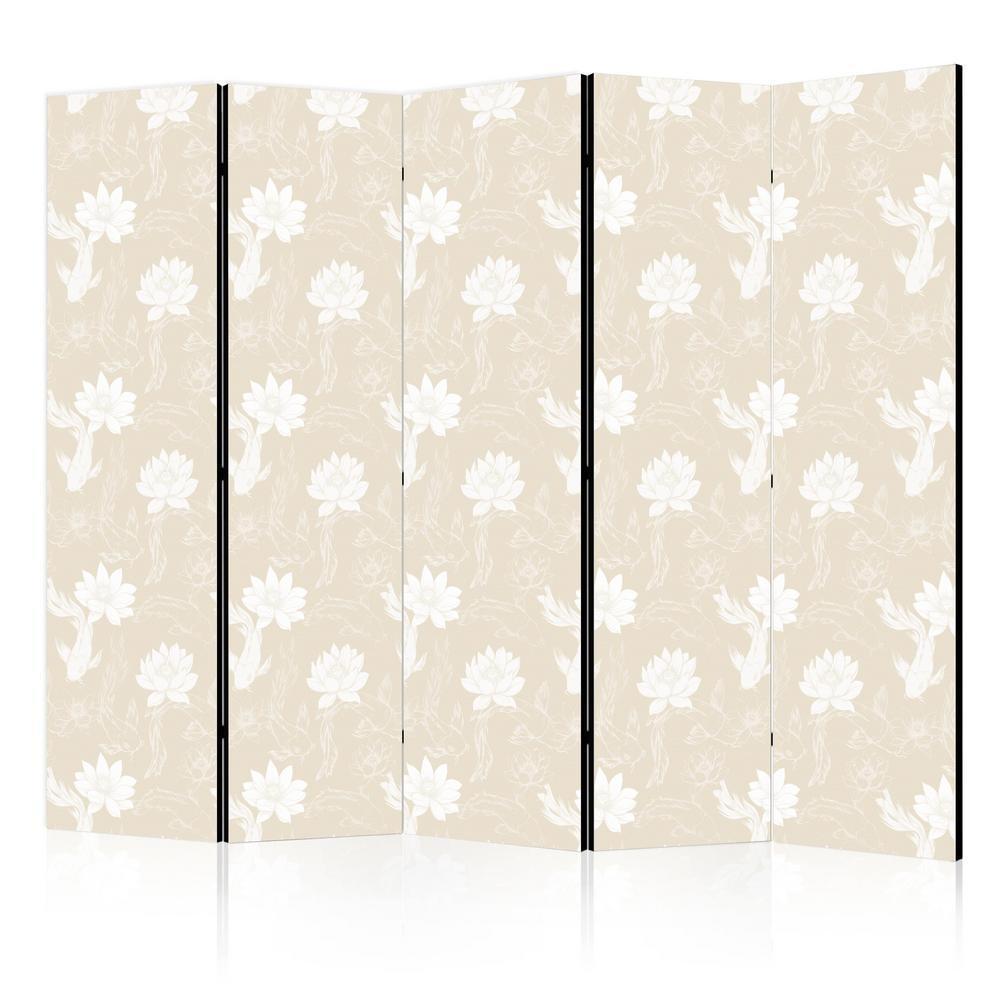 Room Divider - Fish and Water Lilies - Bright Oriental Fish Swimming Among Water Flowers on a Delicate Sand-Beige Background- A 5 Panel Folding Screen For Living rooms, bedrooms or home office, decorative folding screen made with wood and canvas