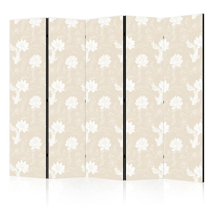 Room Divider - Fish and Water Lilies - Bright Oriental Fish Swimming Among Water Flowers on a Delicate Sand-Beige Background- A 5 Panel Folding Screen For Living rooms, bedrooms or home office, decorative folding screen made with wood and canvas