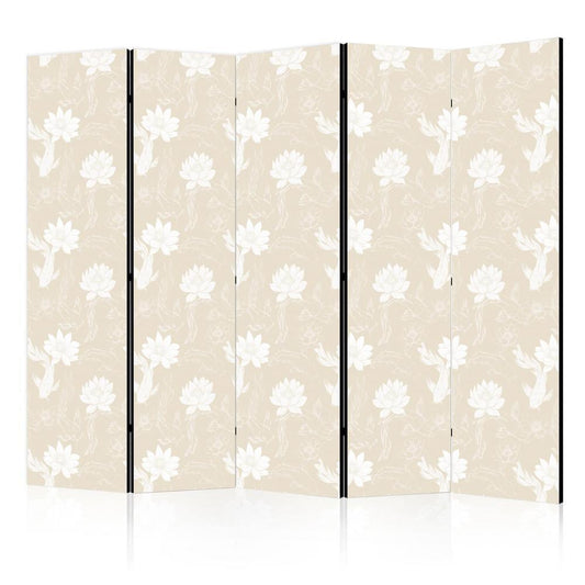 Room Divider - Fish and Water Lilies - Bright Oriental Fish Swimming Among Water Flowers on a Delicate Sand-Beige Background- A 5 Panel Folding Screen For Living rooms, bedrooms or home office, decorative folding screen made with wood and canvas