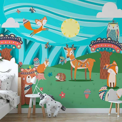 Wall Mural - Adventures in the forest - forest animals in an Indian theme for children