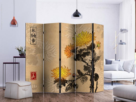 Decorative partition-Room Divider - Chrysanthemums II-Folding Screen Wall Panel by ArtfulPrivacy