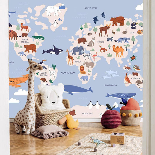 Wall Mural - World Map With Animal Illustrations-Wall Murals-ArtfulPrivacy