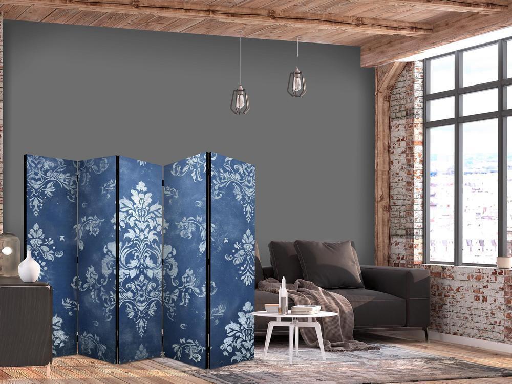 Room Divider - Retro Ornament - Decorative Motif in Rubbed Blues- A 5 Panel Folding Screen For Living rooms, bedrooms or home office, decorative folding screen made with wood and canvas