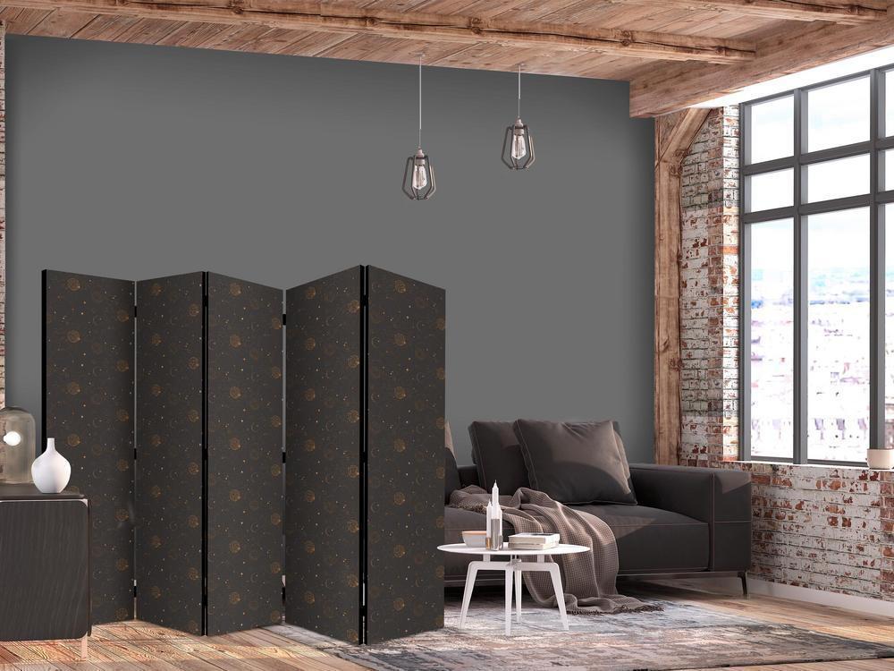 Room Divider - Night Sky - Artistic Composition of Suns and Planets on a Black Background- A 5 Panel Folding Screen For Living rooms, bedrooms or home office, decorative folding screen made with wood and canvas