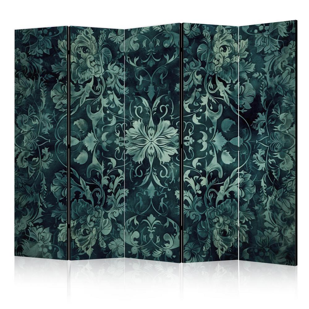 Room Divider - Oriental Carpet Pattern - Emerald Ornaments and Rubbed Patterns- A 5 Panel Folding Screen For Living rooms, bedrooms or home office, decorative folding screen made with wood and canvas