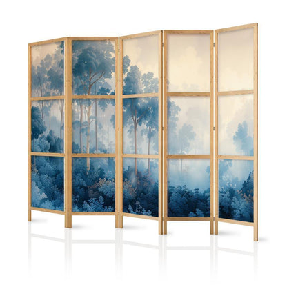 Japanese Room Divider - Landscape with Trees in Illustrative Style - Fairy-Tale Blue Forest