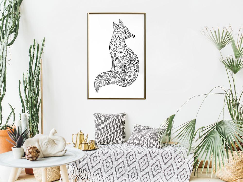 Black and White Framed Poster - Openwork Fox-artwork for wall with acrylic glass protection