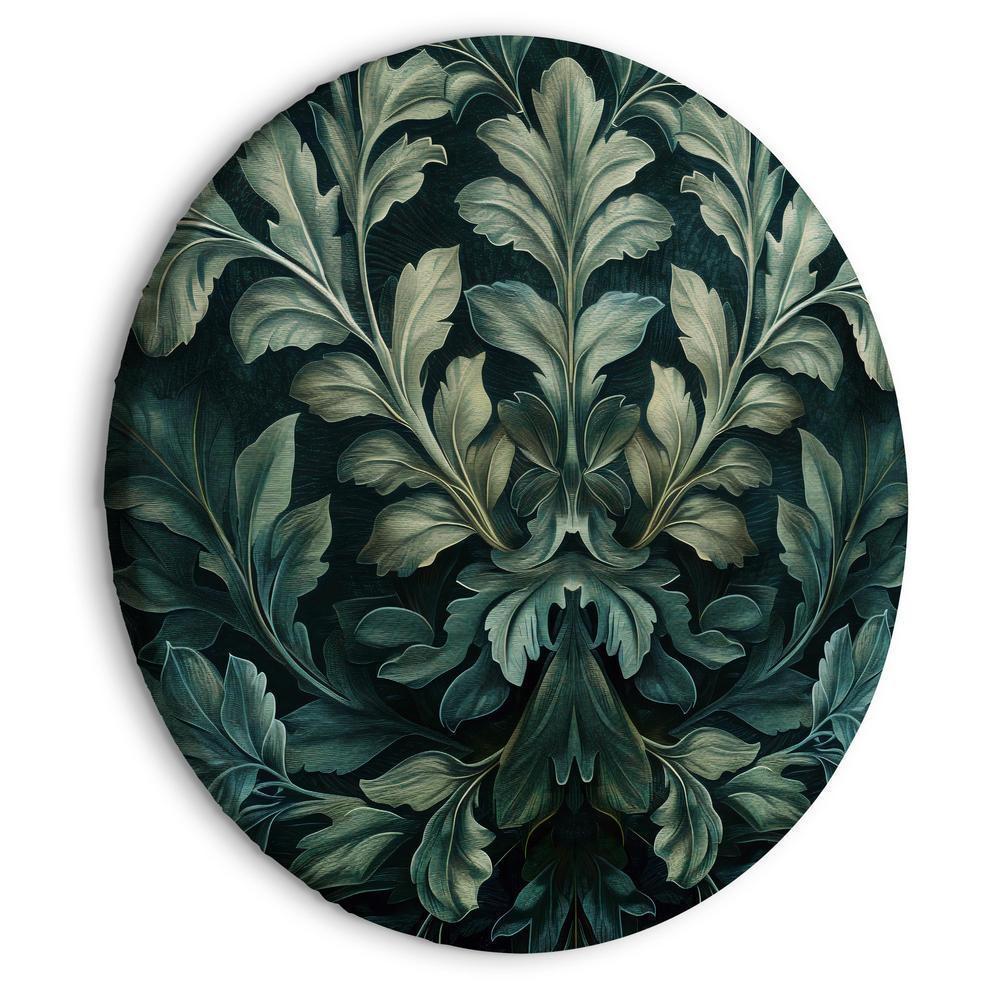 Round Canvas Print - Dark Green Victorian Leaves: Botanical Carved Composition