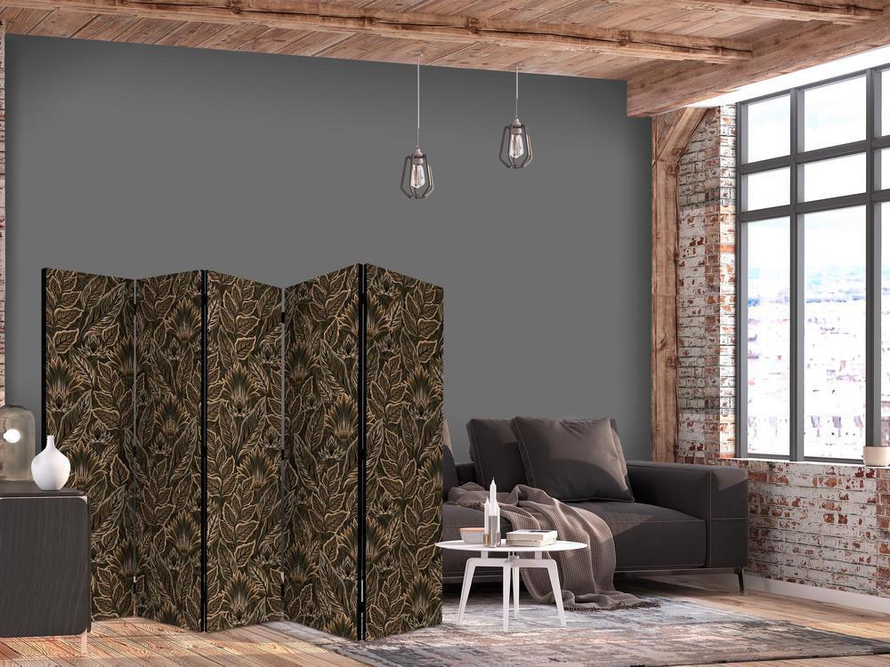 Room Divider - Dense Vegetation - Botanical Patterns in Illustrative Style Brown- A 5 Panel Folding Screen For Living rooms, bedrooms or home office, decorative folding screen made with wood and canvas