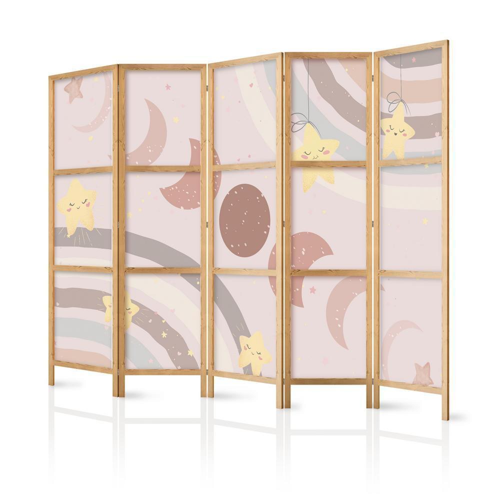 Japanese Room Divider - Joyful Sky - Yellow cheerful stars with a rainbow against the moon phases - in the sky colored light beige