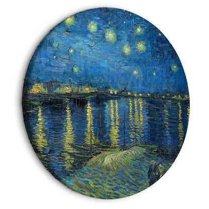Circle shape wall decoration with printed design - Round Canvas Print - Vincent Van Gogh - Starry Night Over the Rhone - A Boat Against the Backgof the Blue Sky - ArtfulPrivacy