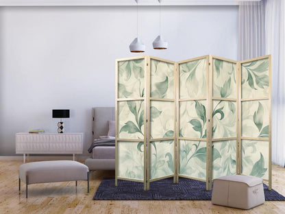 Japanese Room Divider - Watercolor Botanical Motif - Delicate Green-Beige Leaves