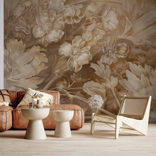 Wall Mural - Floral Ornaments Carved in Delicate Sepia and Brown Shades