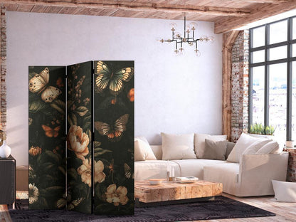 Room Divider - Mysterious Garden - Butterflies Flying Over Flowers - Rustic Evening