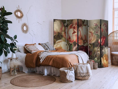 Room Divider - Blooming Peonies - Charismatic Flowers Bathed in Sunlight- A 5 Panel Folding Screen For Living rooms, bedrooms or home office, decorative folding screen made with wood and canvas