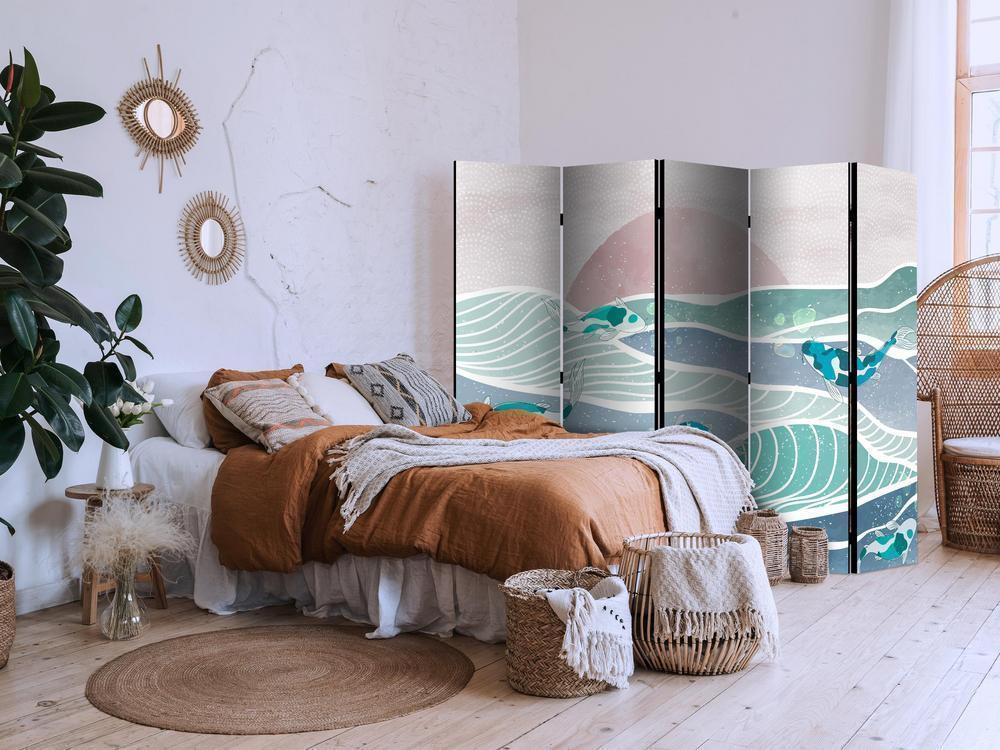 Room Divider - Picturesque Landscape With Fish - Sunset And Koi Fish in Shades of Turquoise And Blue Floating Above The Water- A 5 Panel Folding Screen For Living rooms, bedrooms or home office, decorative folding screen made with wood and canvas