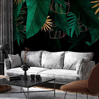 Wall Mural - Jungle and composition - motif of green and golden leaves on a black background