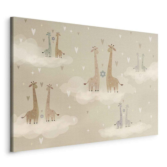 Impression sur toile - Amour - Girafes colorées flottant sur des nuages ​​parmi des cœurs et des étoiles