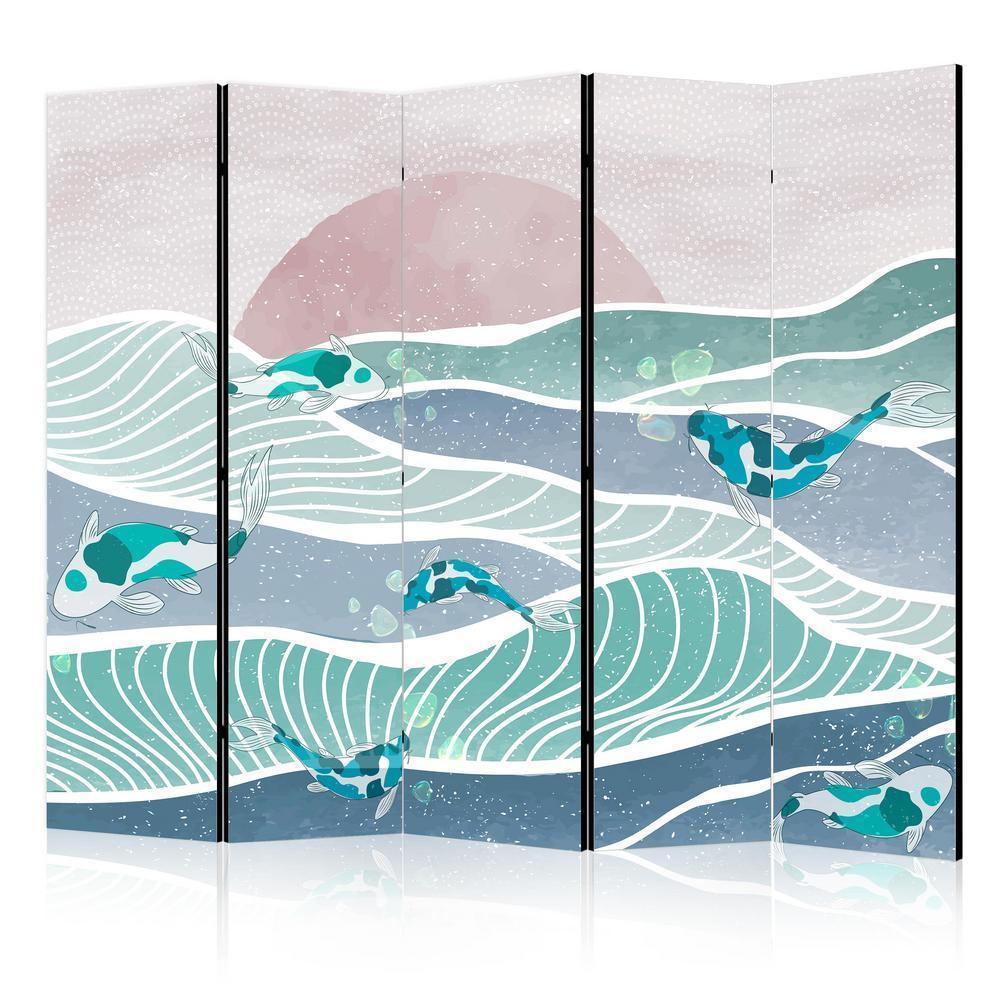 Room Divider - Picturesque Landscape With Fish - Sunset And Koi Fish in Shades of Turquoise And Blue Floating Above The Water- A 5 Panel Folding Screen For Living rooms, bedrooms or home office, decorative folding screen made with wood and canvas