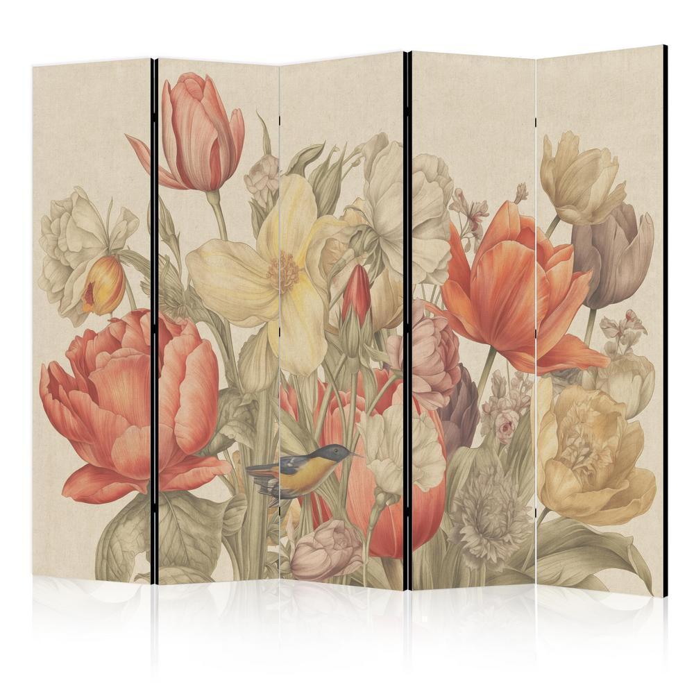 Room Divider - Bouquet with Tulips - Colorful Flowers on a Light Background - Illustration- A 5 Panel Folding Screen For Living rooms, bedrooms or home office, decorative folding screen made with wood and canvas