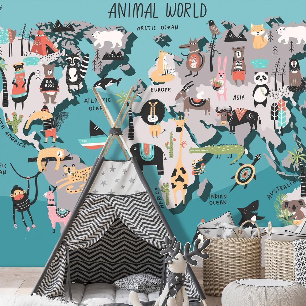 Wall Mural - Geography lesson for children - colourful world map with animals