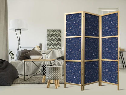 Japanese Room Divider - Cosmic Fantasy - Pattern with Suns - Moons - and Dragonflies on a Dark Background