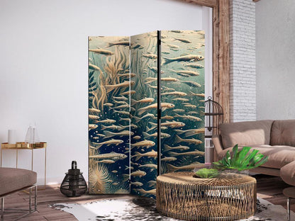 Room Divider - Life in the Ocean - Underwater World of Fish and Vegetation in Beige and Navy Colors in Retro Style