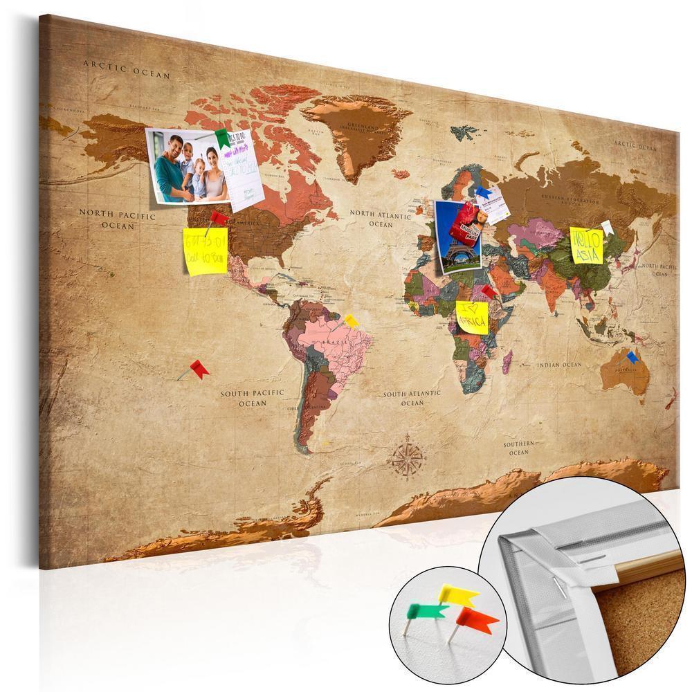 Cork board Canvas with design - Decorative Pinboard - World Map: Brown Elegance-ArtfulPrivacy