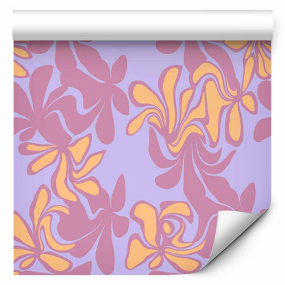 Wallpaper - Exotic - Two-Tone Flowers - Flowers in purple and orange on a blue background