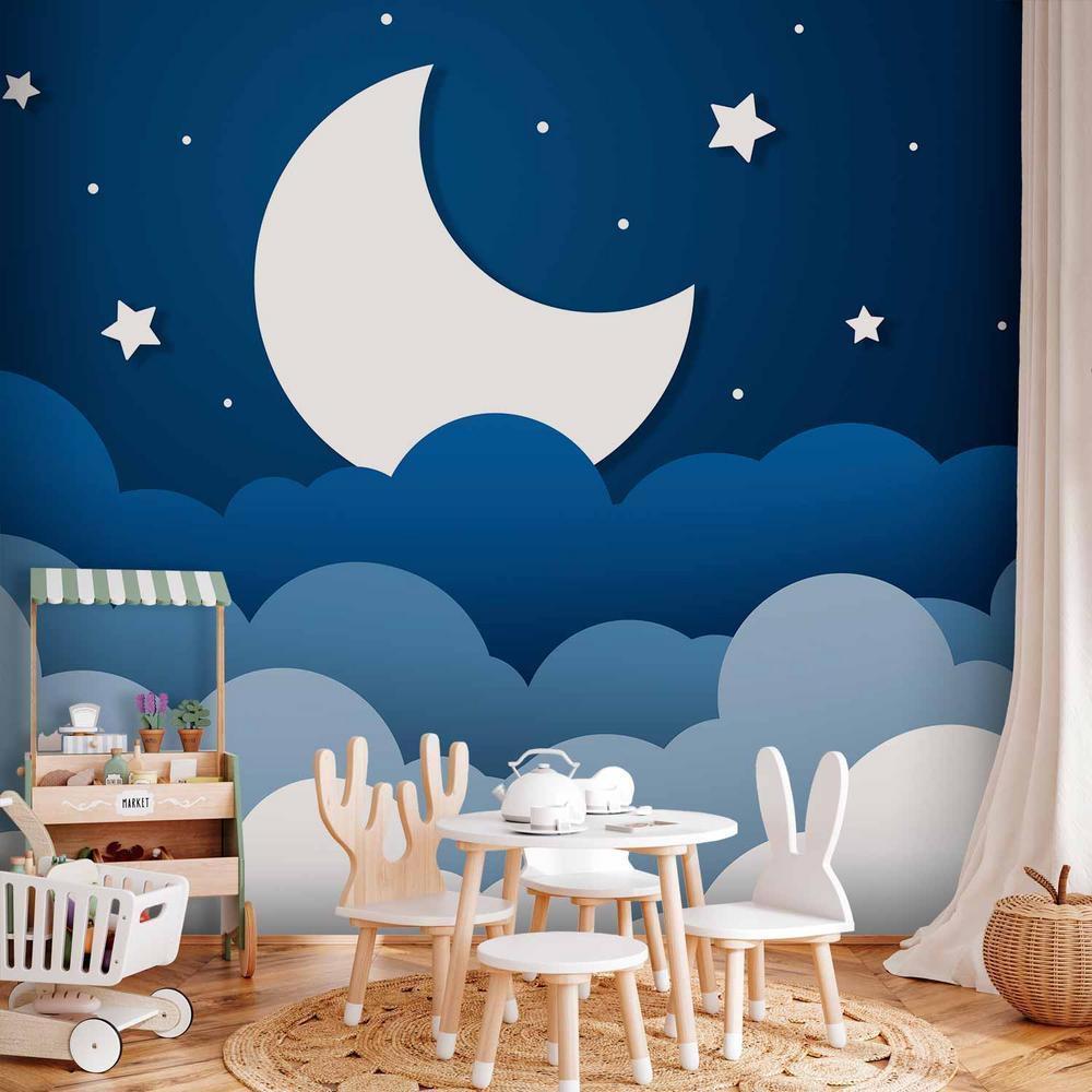 Wall Mural - Moon dream - clouds on a dark blue sky with stars for children