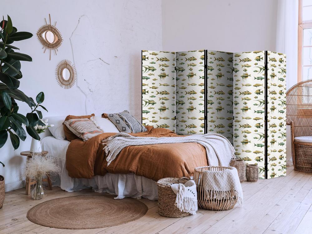 Room Divider - Unusual Species of Fish - a Cluster of Fish in Muted Colors in Retro Style Against a Background of Beige Streaks- A 5 Panel Folding Screen For Living rooms, bedrooms or home office, decorative folding screen made with wood and canvas