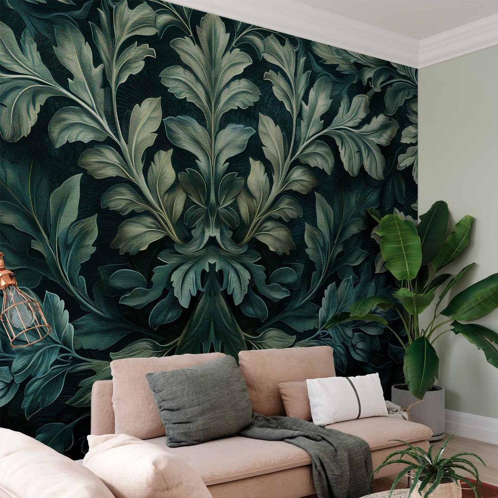 Wall Mural - Dark Green Victorian Leaves: Botanical Carved Composition