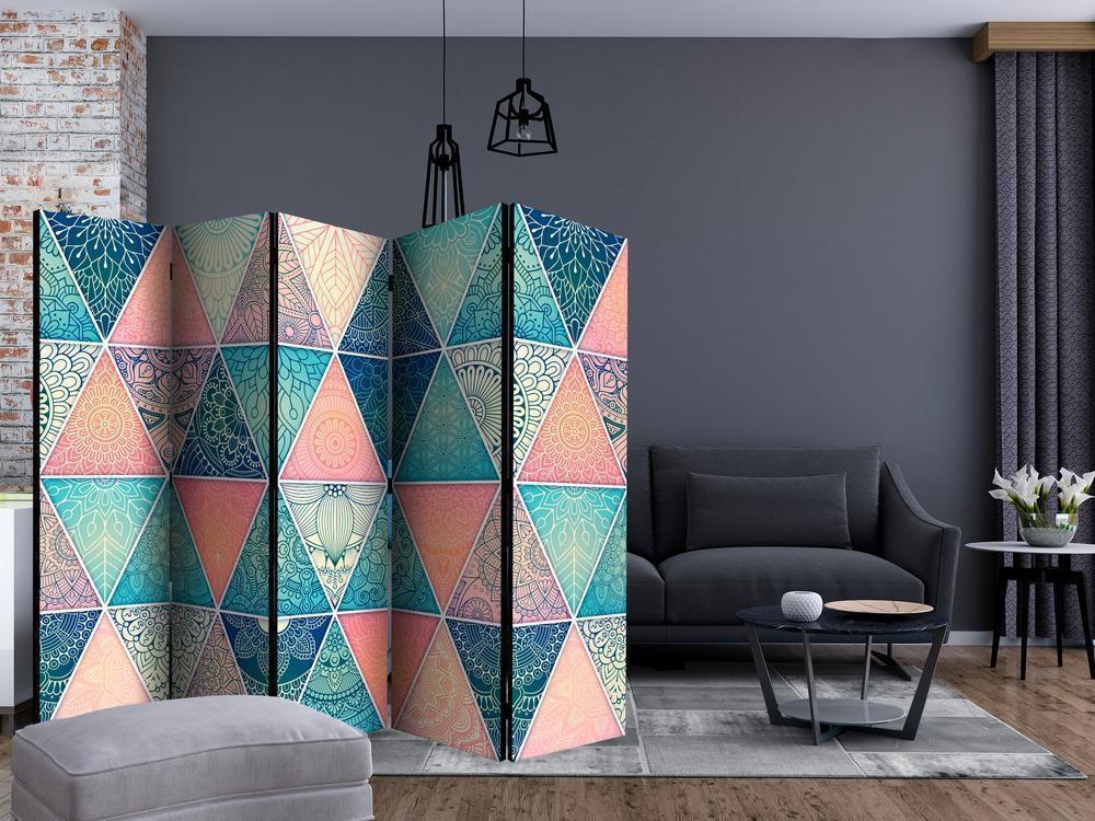 Room Divider - Oriental Triangles II- A 5 Panel Folding Screen For Living rooms, bedrooms or home office, decorative folding screen made with wood and canvas