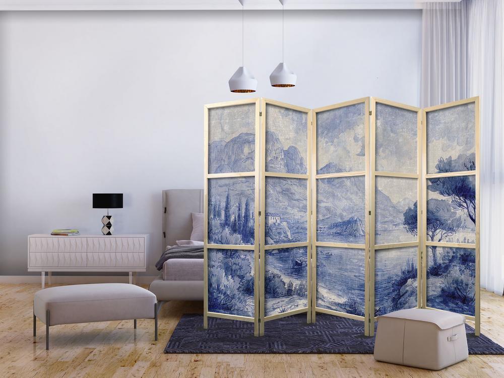 Japanese Room Divider - Italian Landscape - Lake Como Painted in Shades of Blue