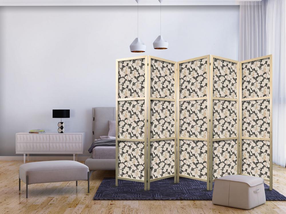 Japanese Room Divider - Among Pink Shrubs - White and Beige Rabbits on a Blooming Meadow