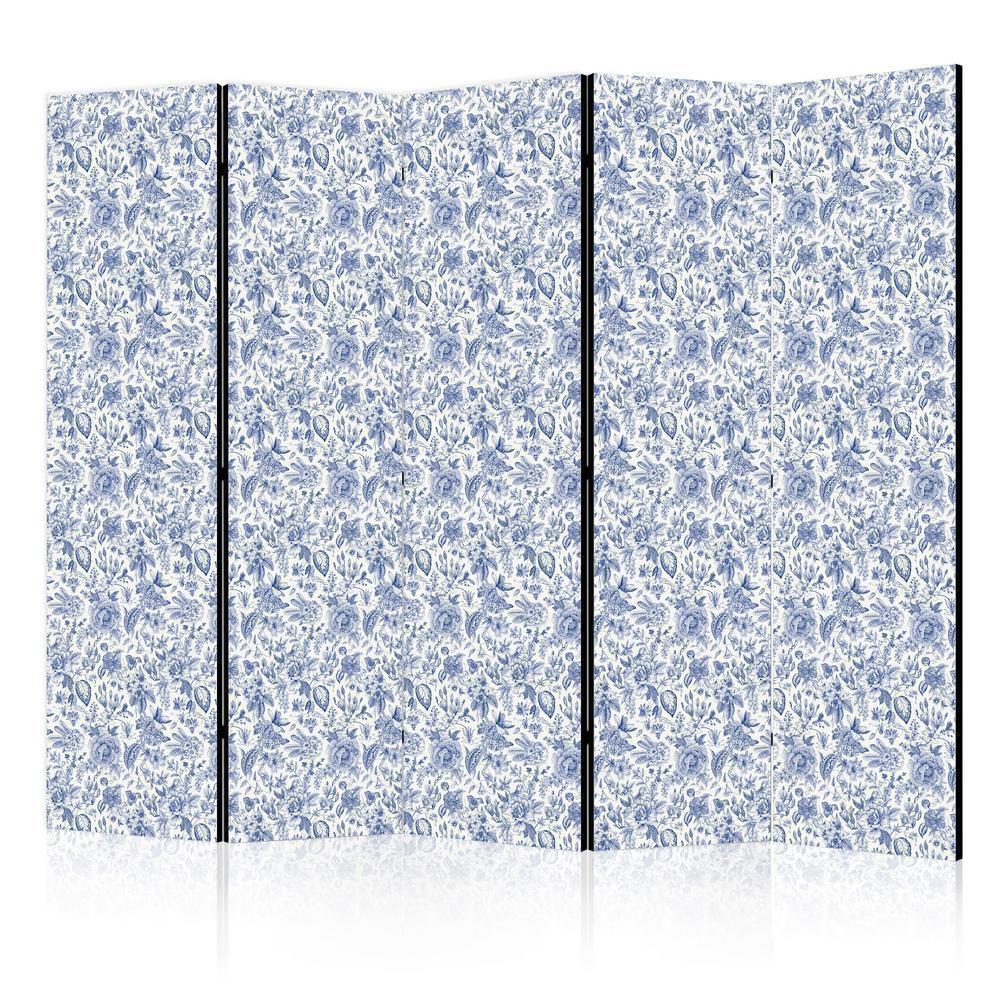 Room Divider - Illustration in Vintage Style - Blue Flowers on a White Background- A 5 Panel Folding Screen For Living rooms, bedrooms or home office, decorative folding screen made with wood and canvas