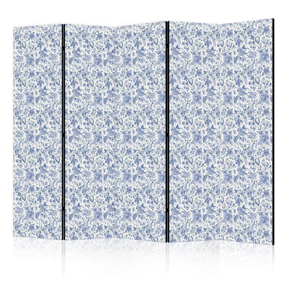 Room Divider - Illustration in Vintage Style - Blue Flowers on a White Background- A 5 Panel Folding Screen For Living rooms, bedrooms or home office, decorative folding screen made with wood and canvas