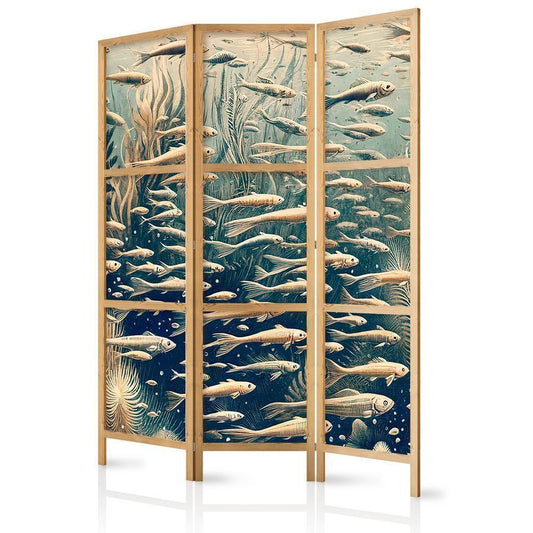 Japanese Room Divider - Life in the Ocean - Underwater World of Fish and Vegetation in Beige and Navy Retro Style