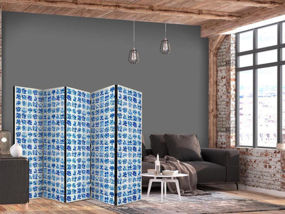 Room Divider - Ceramic Tiles - Traditional Portuguese Blue Tiles Azulejos- A 5 Panel Folding Screen For Living rooms, bedrooms or home office, decorative folding screen made with wood and canvas