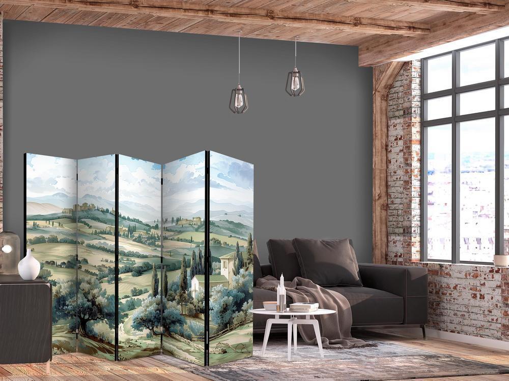 Room Divider - Landscape with Green Fields and Trees - Tuscan Sunny View- A 5 Panel Folding Screen For Living rooms, bedrooms or home office, decorative folding screen made with wood and canvas